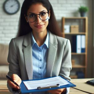 a female lawyer presenting a debt recovery document for signing