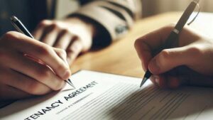 a lawyer and a client going over a tenancy agreement