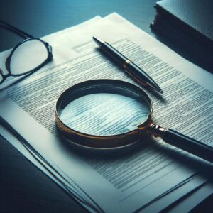 a document under scrutiny with a magnifying glass lying on top of it
