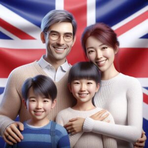 a family with a Union Jack background, all smiles, symbolizing citizenship pride