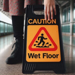 A woman holding down a sign that says "CAUTION: Wet Floor" along an office passageway