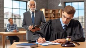 a landlord waiting while a barrister signs his possession order document
