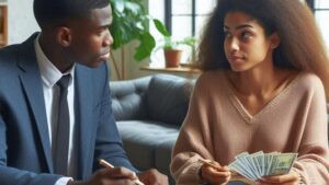 a lawyer and client discussing rent arrears payment in a law office