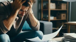 a man sitting frustrated over a desk covered in rent bills and cash