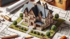 a manor house model on a housing blueprint with a toolbox laid beside it.