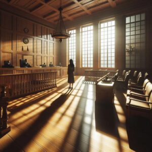 the inside of an courtroom with most of the seats left empty