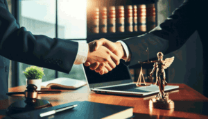 a solicitor and a client shaking hands over an office desk littered with books, stationery and a laptop