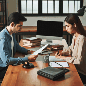 a couple looking worried as they go through divorce papers