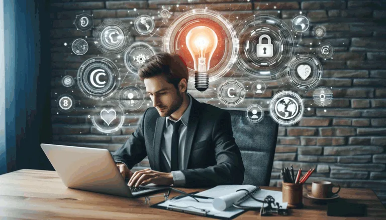 creative professional working on a laptop, surrounded by icons representing intellectual property, such as a copyright symbol, a lightbulb for innovation, and a padlock for security.
