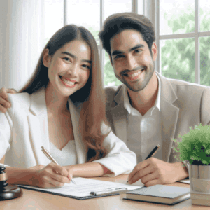 A married couple smiling while signing a pre-nup document in the presence of a lawyer.