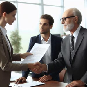 An image of a business professional handing over an official document to a benefactor